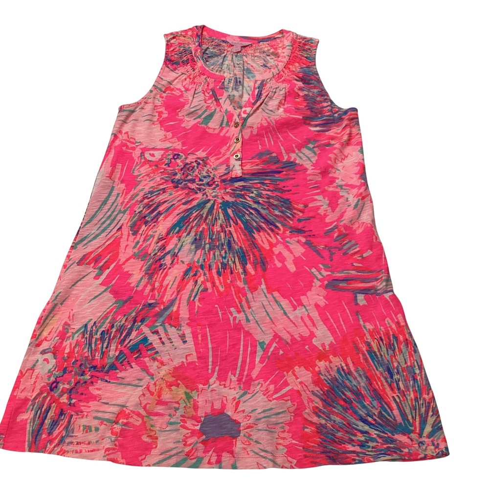 Lilly Pulitzer Pink Abstract Floral Sleeveless Henley Shift Dress 20918 Womens S
